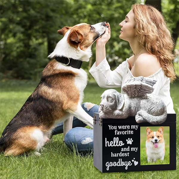 Dog Angel Wooden Urns for Dogs Ashes, Medium Wood Funeral Cremation Memorial Box with Photo Frame and a Sleeping Dog, Key, Loss Keepsake Memory Box Cremation Urns Dog pet Keepsake Memorial Gift