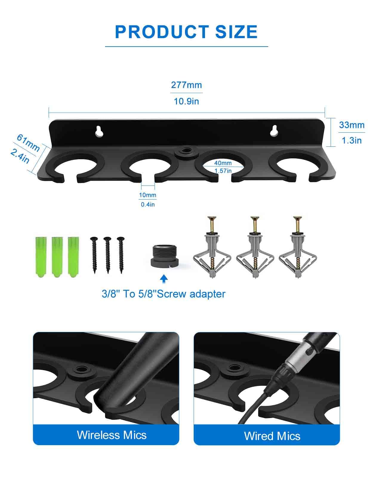 Multi Microphone Holder for Wired and Wireless Mics, Hold Up to 4 Mics, Multiple Mic Organizer Storage for Mic Stand, Rubber Padding/Wall Mounted or Mounted to 5/8"-27 or 3/8"-16 threaded Stands