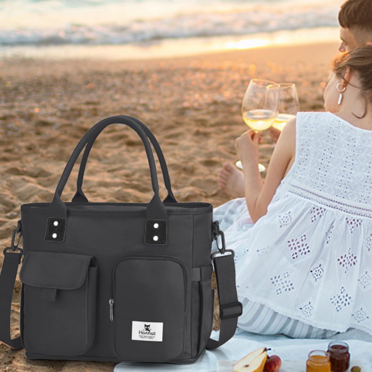 Hafmall Large Insulated Lunch Bag for Women Men, Leakproof Wide Opening Lunch Box for Adults, Reusable Lunch Tote Bag with Shoulder Strap, Womens Lunch Bag for Work, Picnic, Black