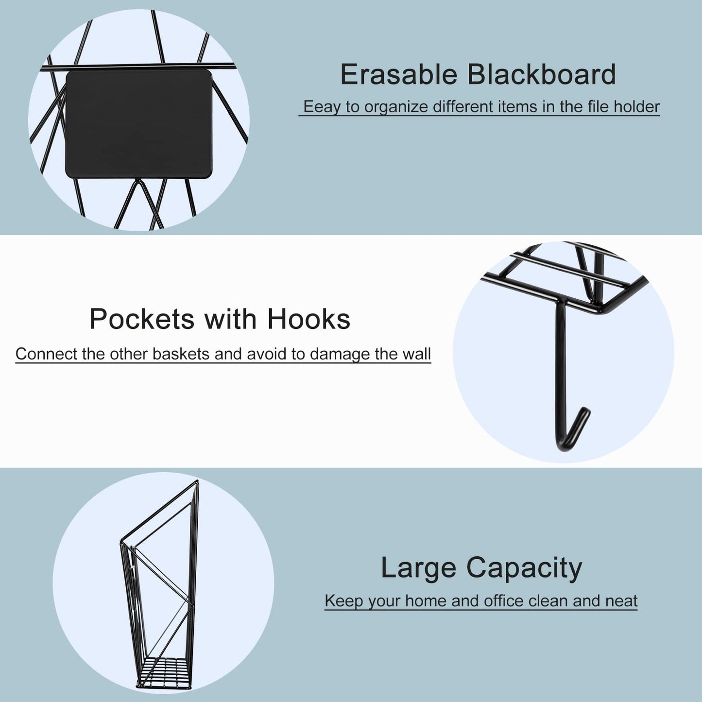 ETELI Hanging Wall File Organizer Holder Rack 3 Pockets Hanging Wall File Holder Wall Mount Mail Organizer Magazine Rack with Metal Hooks for Paper Files Office Home, Black
