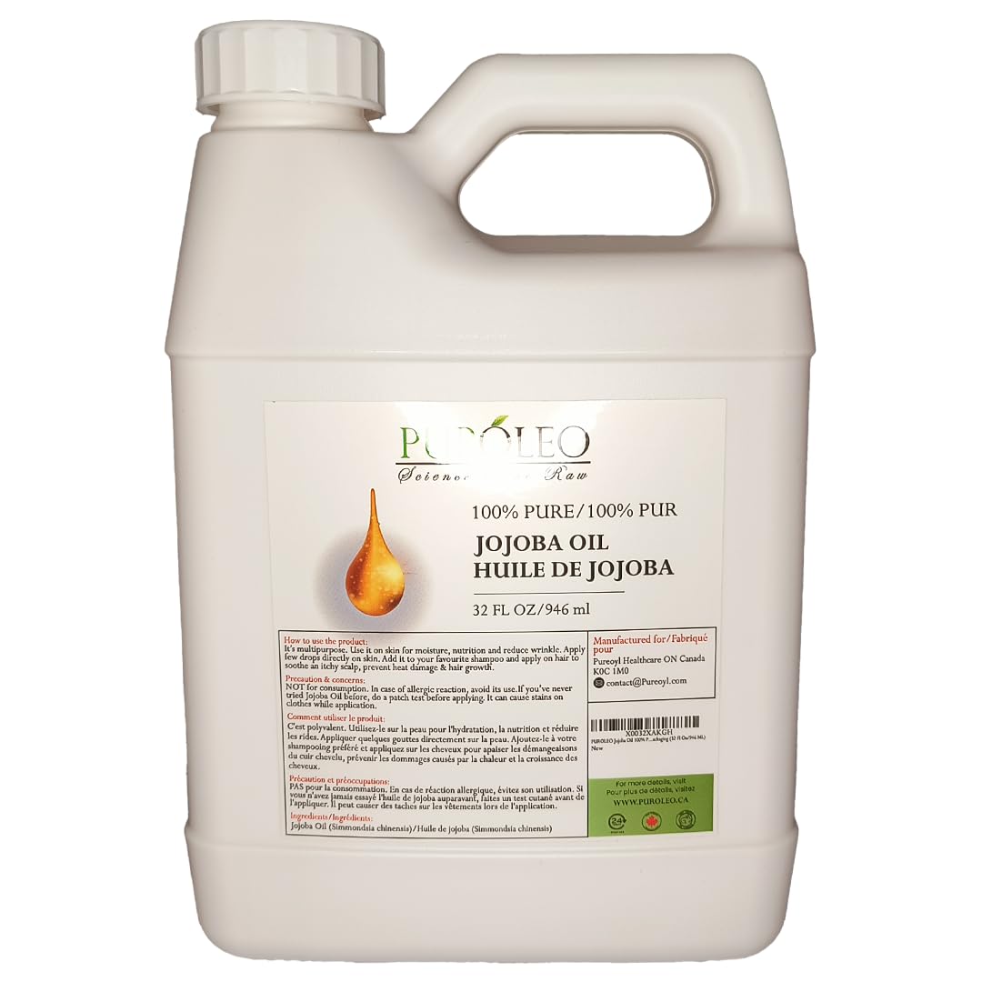 PUROLEO Jojoba Oil 32 Fl Oz/946 ML (Packed In Canada) 100% Pure and Natural for Hair Oil, beard oil , Cuticle Oil, baby oil & Face Oil | |Personal Beauty Pack Easy to carry | Premium Leakproof unbreakable Packaging