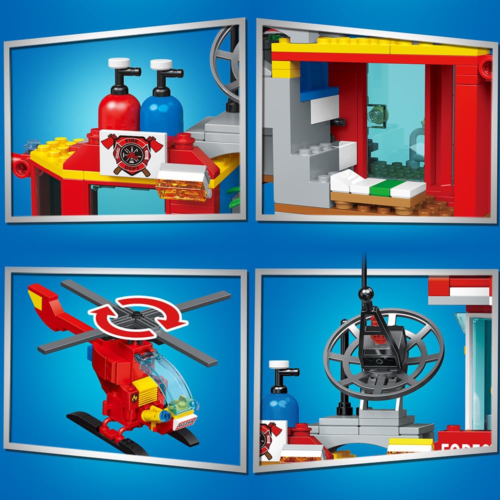 City Fire Rescue Building Set with Fire Station, Truck & Helicopter,737pcs Toy Gift for Boys 8+