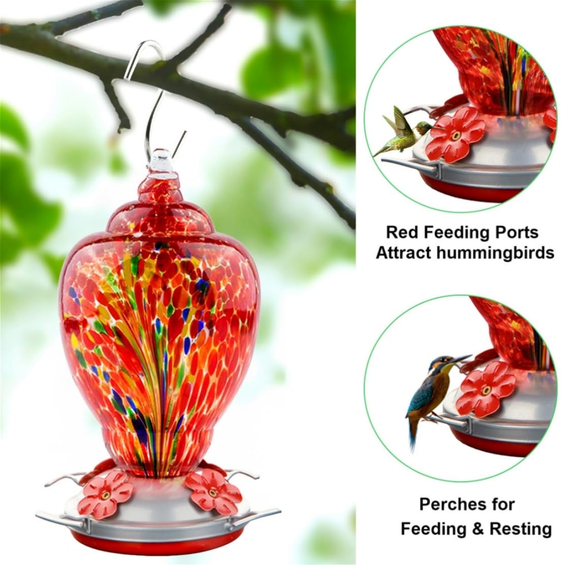 REZIPO Hummingbird Feeder Hand Blown Glass Bird Feeder for Outdoors Patio Large 32 Ounces Hummingbird Nectar Capacity with Hanging Hooks, Rope, Brush and Service Card