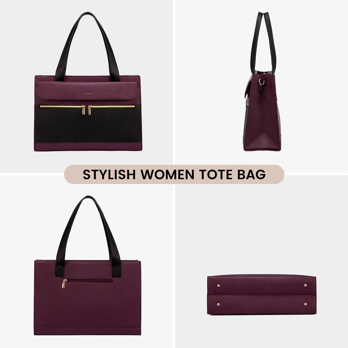 LOVEVOOK Laptop Bag for Women Leather 15.6 Inch Laptop Tote Work Bag Professional Shoulder Bag Computer Briefcase Waterproof Handbag Business Teacher Office Bag Crossbody Purse, Black-Purple