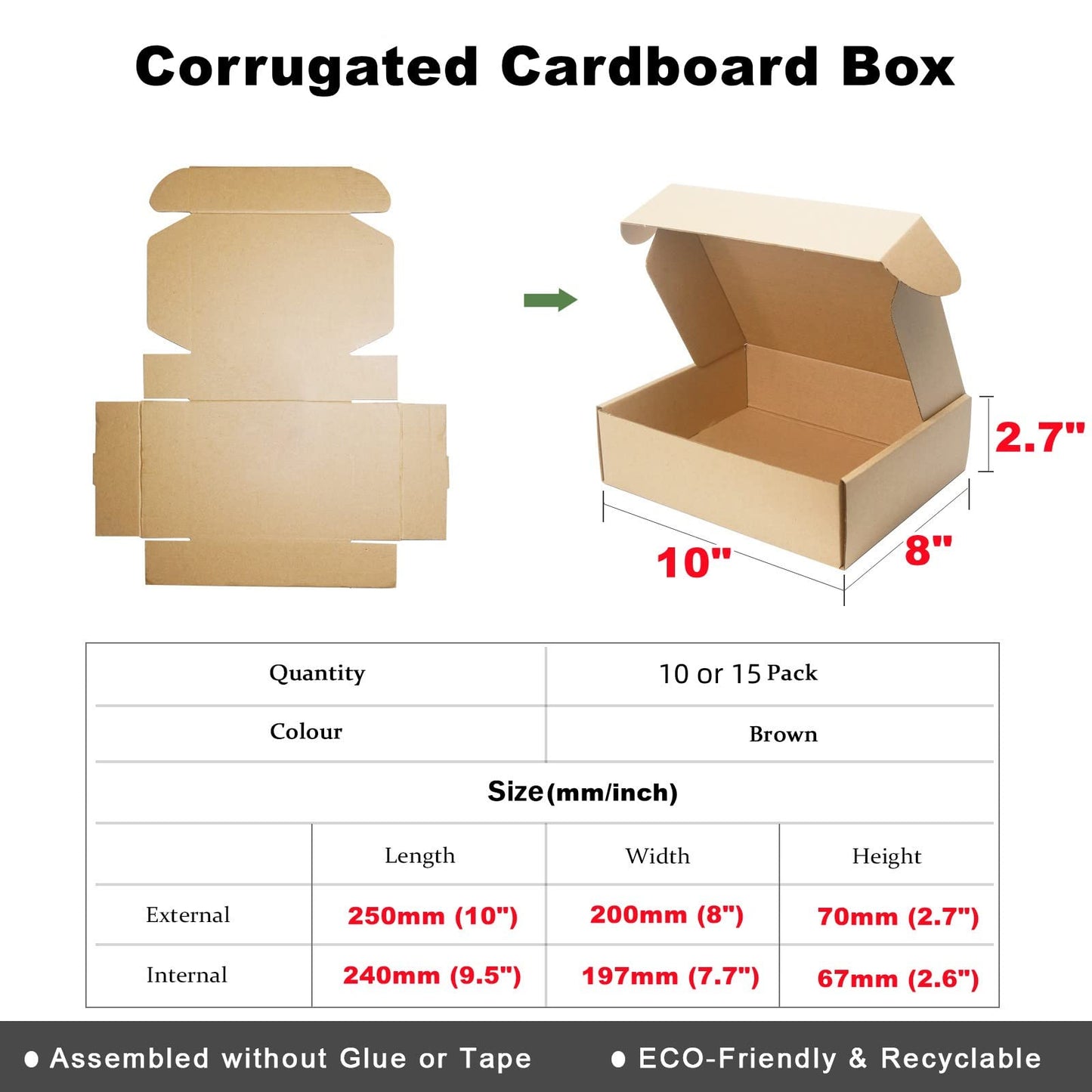 Corrugated Cardboard Shipping Boxes, 250x200x70mm (10"x8"x2.7") Small Parcel Boxes, Packaging Mailing Boxes for Business, Posting, Small Packet Shipping, Storing or Gift(Pack of 15)