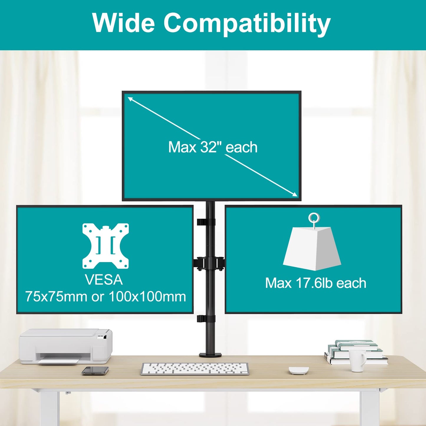 MOUNT PRO Triple Monitor Stand, Fits 3 Screens Up to 32 Inch, Fully Adjustable Stacked Monitor Desk Mount, VESA Compatible, C Clamp/Grommet Base