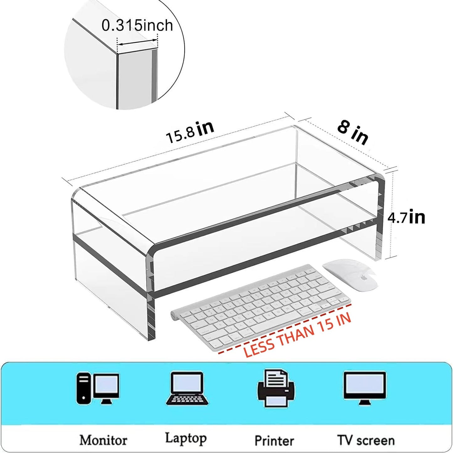 Wymexen Acrylic Monitor Stand, 2 Tier Computer Monitor Stand Riser，Acrylic Computer Monitor Stand Riser for iMac, PC, Desktop, Laptop, TV Screen with Extra Storage Space Home Office (16in)