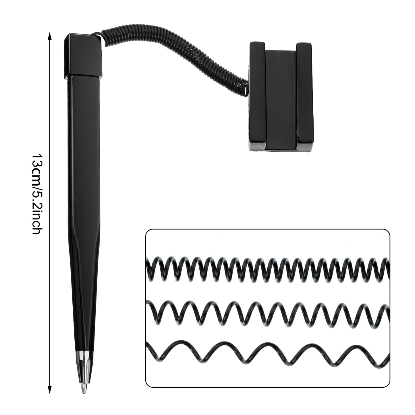 Zonon 48 Pieces Secure Counter Pens with Adhesive Chain Black Ink Counter Pen with Base Pen Holder and Plastic Coil Reception Pens for Home Bank Office Hotel Supplies