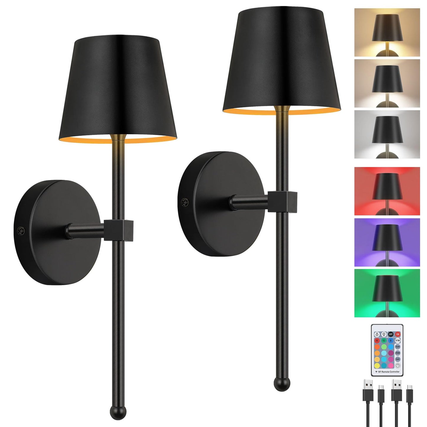 Lightess Battery Operated Wall Lights, 5200mAh Rechargeable Wall Sconces Set of Two with Remote Control, 15 Colors RGB Indoor Dimmable Wireless Wall Lamp for Living Room, Hallway, Bedroom, Black
