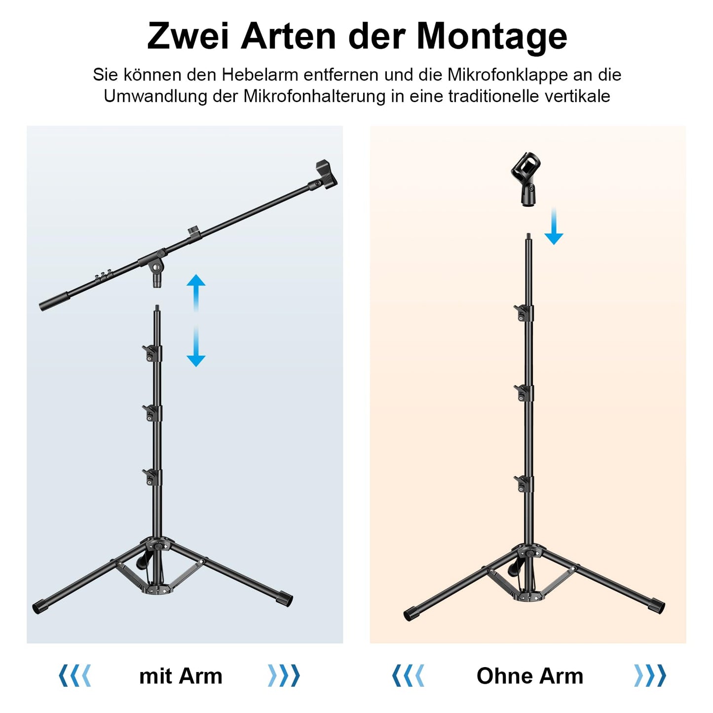 Microphone Stand, Tripod Boom Arm Floor Mic Stand Height Adjustable Heavy Duty with Carrying Bag 2 Mic Clips 3/8" to 5/8" Adapter for Singing Podcast for Blue Yeti Shure SM58 SM48 Samson Q2U