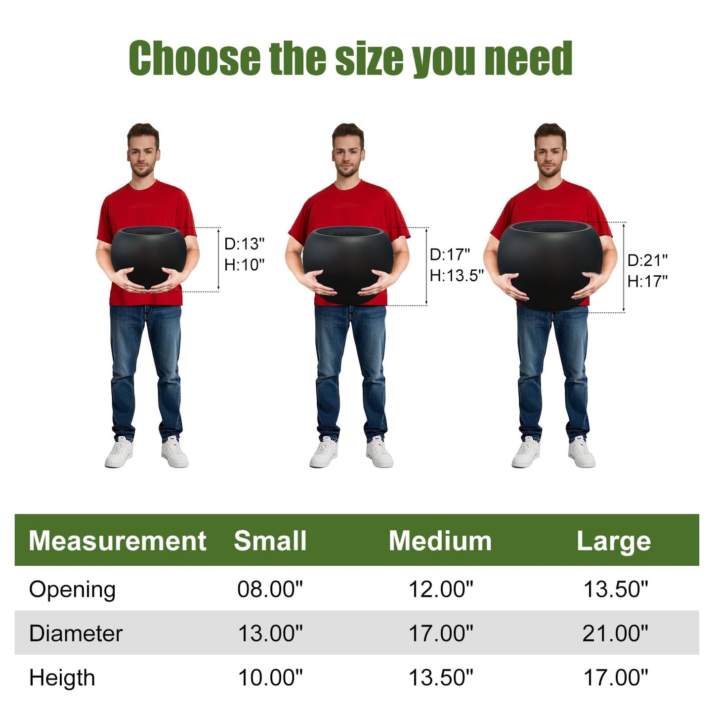 13.5 H x 17" Dia (12" Pot Opening) Round Fiberstone Planter with Drainage Hole, Black, Indoor/Outdoor Large Plant Pot for Home Patio Garden, Ideal for Large Plants