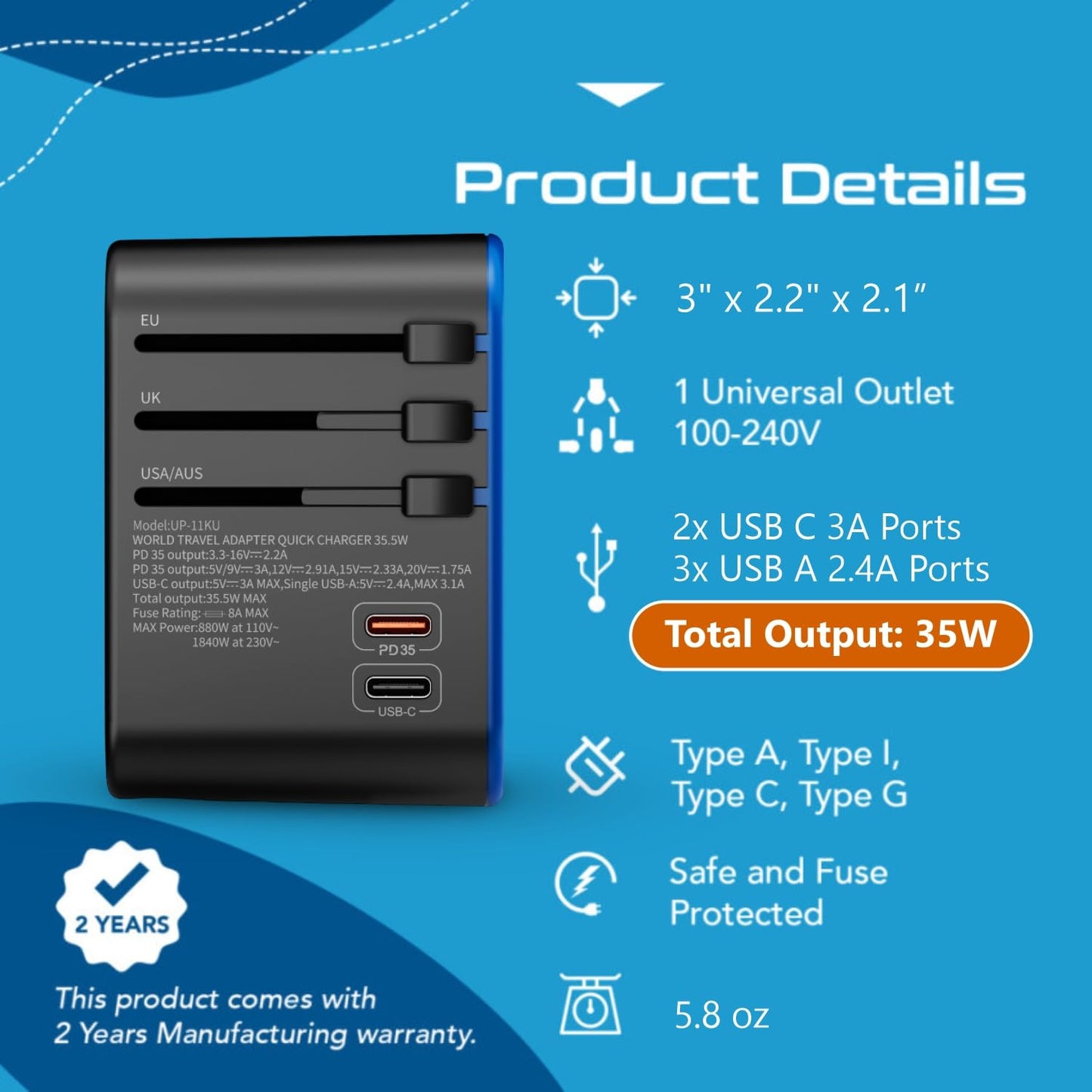 Ceptics World International Travel Plug Adapter - Powerful 35W with Pd & QC 3.0 Dual USB-C Power - 3 USB Ports Wall Charger Type I C G A Outlets 110V 220V A/C - EU Euro US UK