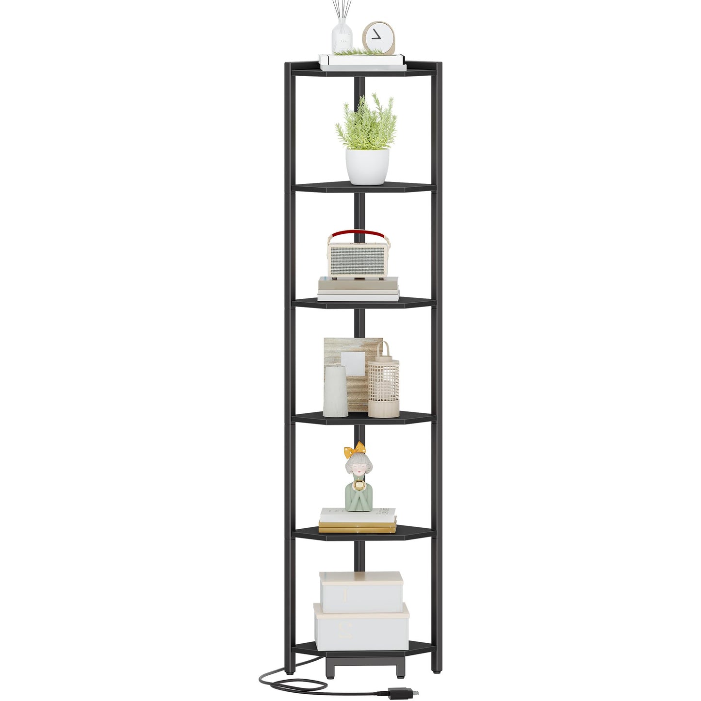 Hzuaneri Corner Shelf with LED Light, 6-Tier Corner Bookshelf, Tall Narrow Display Bookcase with Metal Frame, Standing Shelf for Small Space, Living Room, Home Office, Bedroom, Black CS66606B