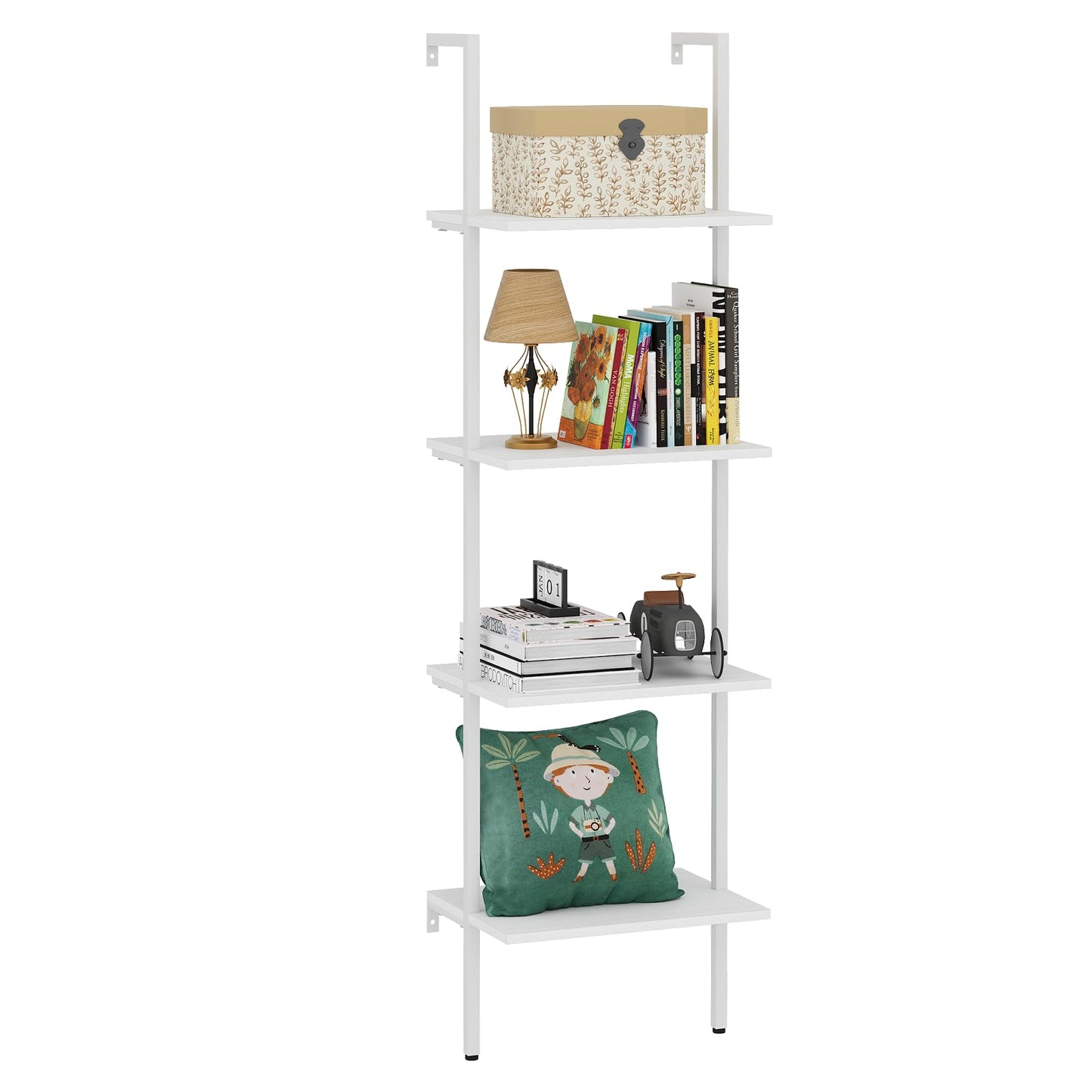 Ladder Shelf 4 Tiers Metal Industrial Bookshelf,White Wooden Tall Open Storage Rack and Display Shelves,Wall Mount Wide Bookcase for Home Office Bedroom,Small