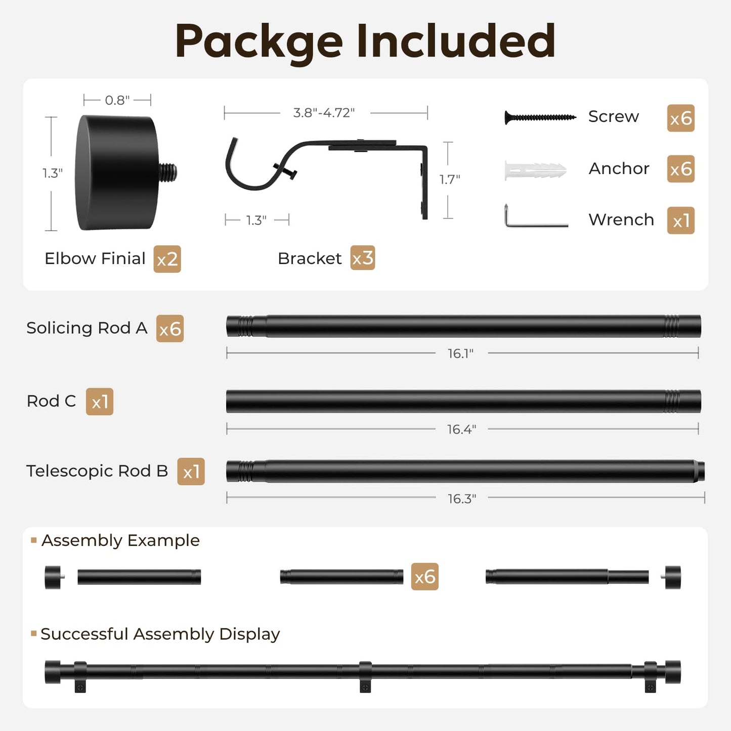 Zeerobee Curtain Rods for Windows 66 to 120, 1 Inch Black Heavy Duty Drapery Rods with Adjustable Length, Outdoor Modern Curtain Pole with Simple End Caps, 32"-120", Black