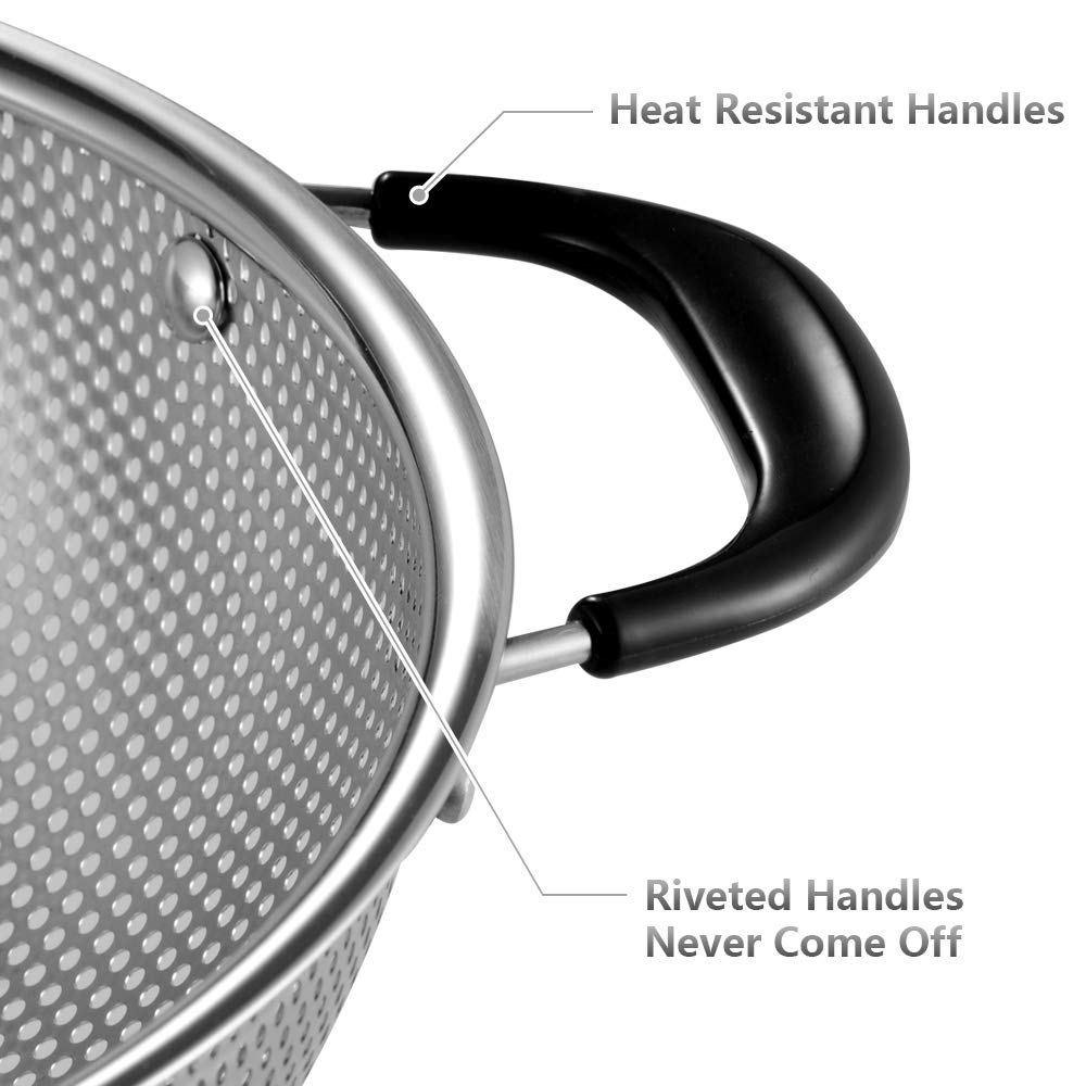 18/8 Stainless Steel Colander, Easy Grip Micro-Perforated 5-Quart Colander, Strainer with Riveted and Heat Resistant Handles, BPA Free, FDA Approved. Great For Pasta, Noodles, Vegetables and Fruits