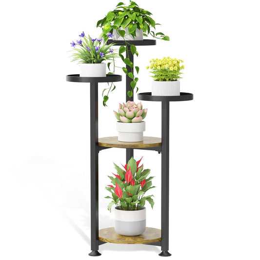 5 Tier Plant Stand Holder for Multiple Pots, Outdoor Small Metal and Wood Planter Display Shelf in Front Porch, Corner, Patio, Indoor Multi Level Orchid or Succulent Rack, Sturdy and Rust Proof, Black