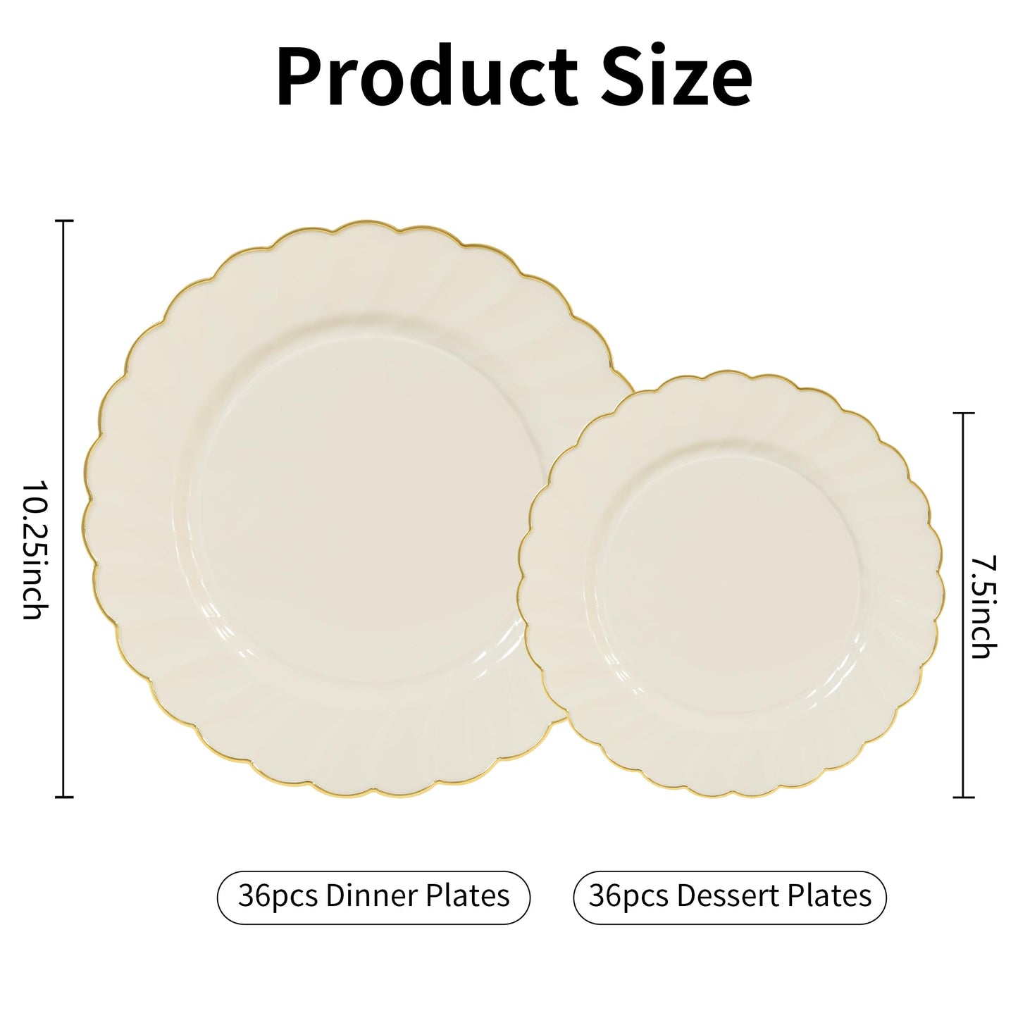 ISFANGCO 72PCS Ivory Plastic Plates Set for 36 Guests, Heavy Duty Disposable Gold Rim Scalloped for Wedding Party, 36 Dinner Plates 10.25", 36 Dessert Plates 7.25"
