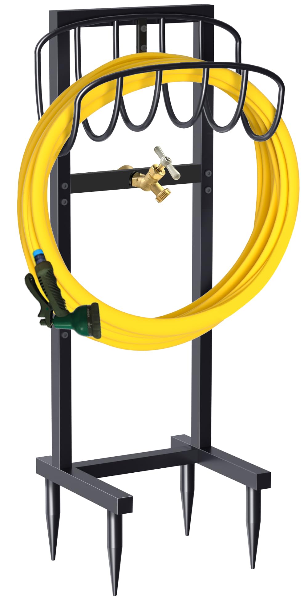 Artigarden Outdoor Garden Hose Holder Freestanding with Brass Faucet And 4 Spikes, Heavy Duty Metal Water Hose Reel Stand Hanger Rack Organizer Holds Storage 150ft Hose for Outside Yard Lawn, Black