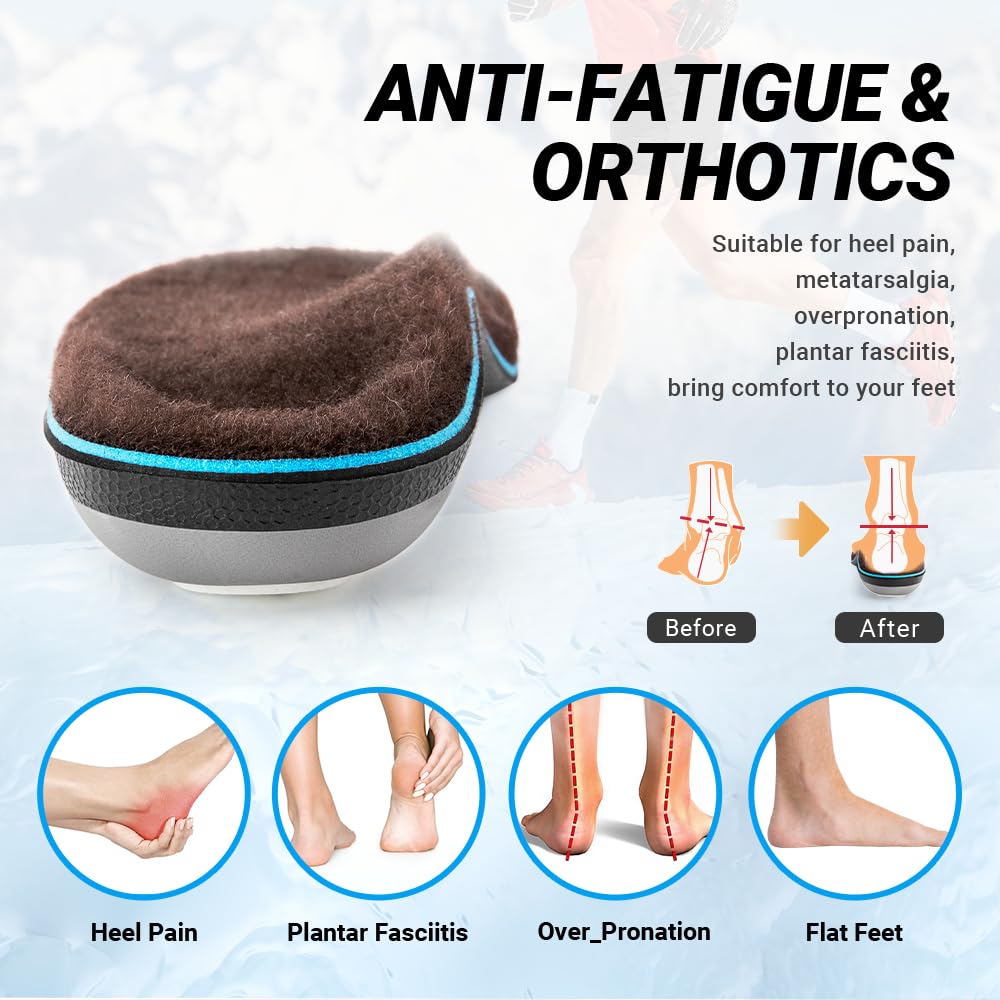 VALSOLE winter thermal wool insoles,Heavy Duty Support Pain Relief Orthotics Plantar Fasciitis High Arch Support Insoles,for Men Women Work Boot Shoe Insole warm insoles (MEN 10-10 1/2 | WOMEN 12-12 1/2--(286mm), Brown)