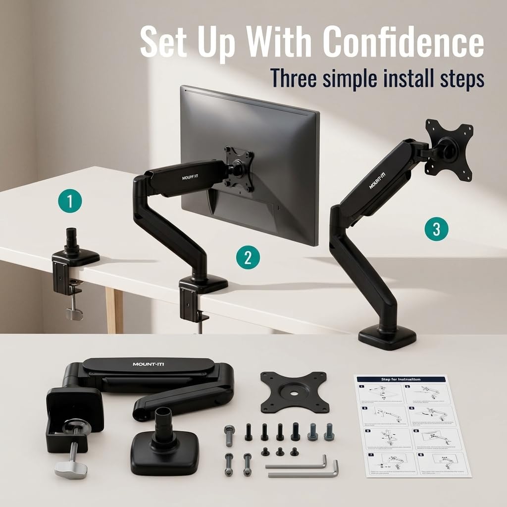 Mount-It! Monitor Arm – Single Monitor Desk Mount, Articulating Gas Spring Arm, Fully Adjustable 13"-32" Screens, VESA 75x75 100x100, Clamp & Grommet Base, Holds 17.6 lbs