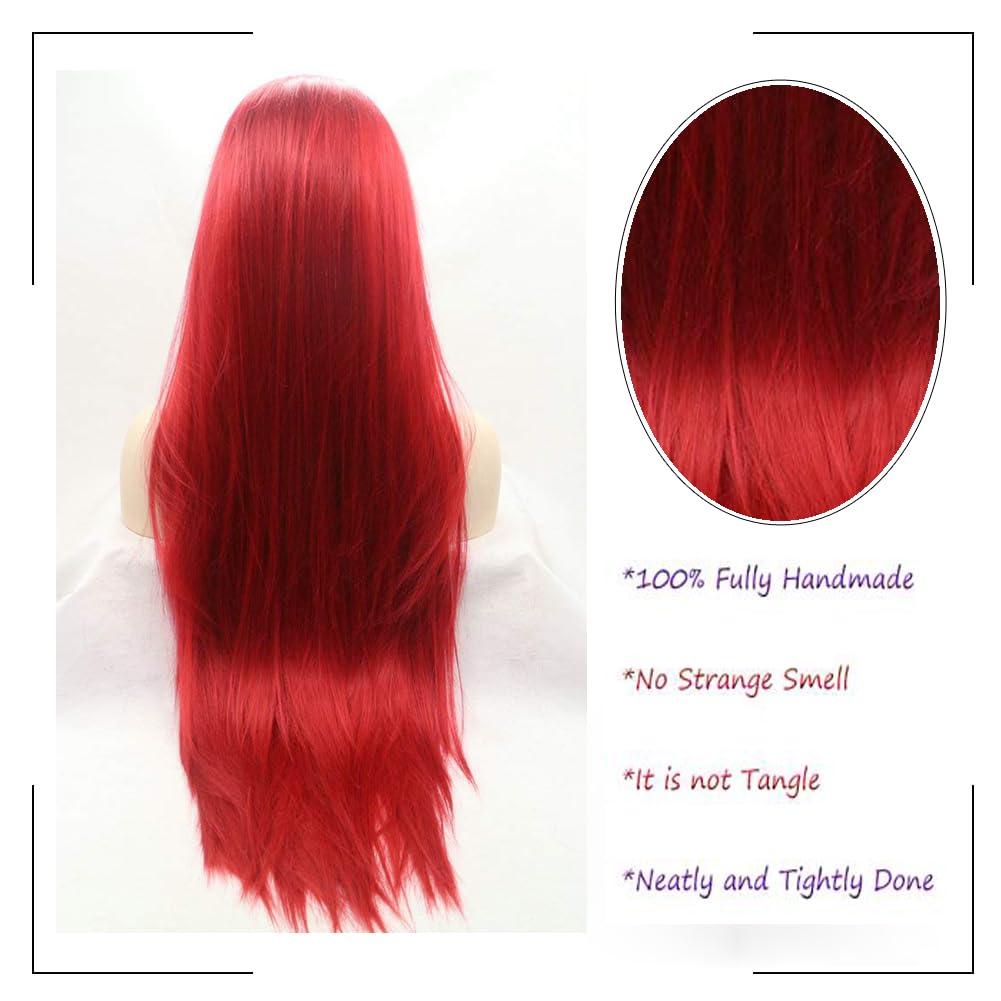 Angle Lucky Red Lace Front Wig Long Straight Red Middle Part Wig Synthetic Pre Plucked Lace Wig Heat Resistance Fiber Daily Makeup Party Wigs for Girls Women 24 Inch
