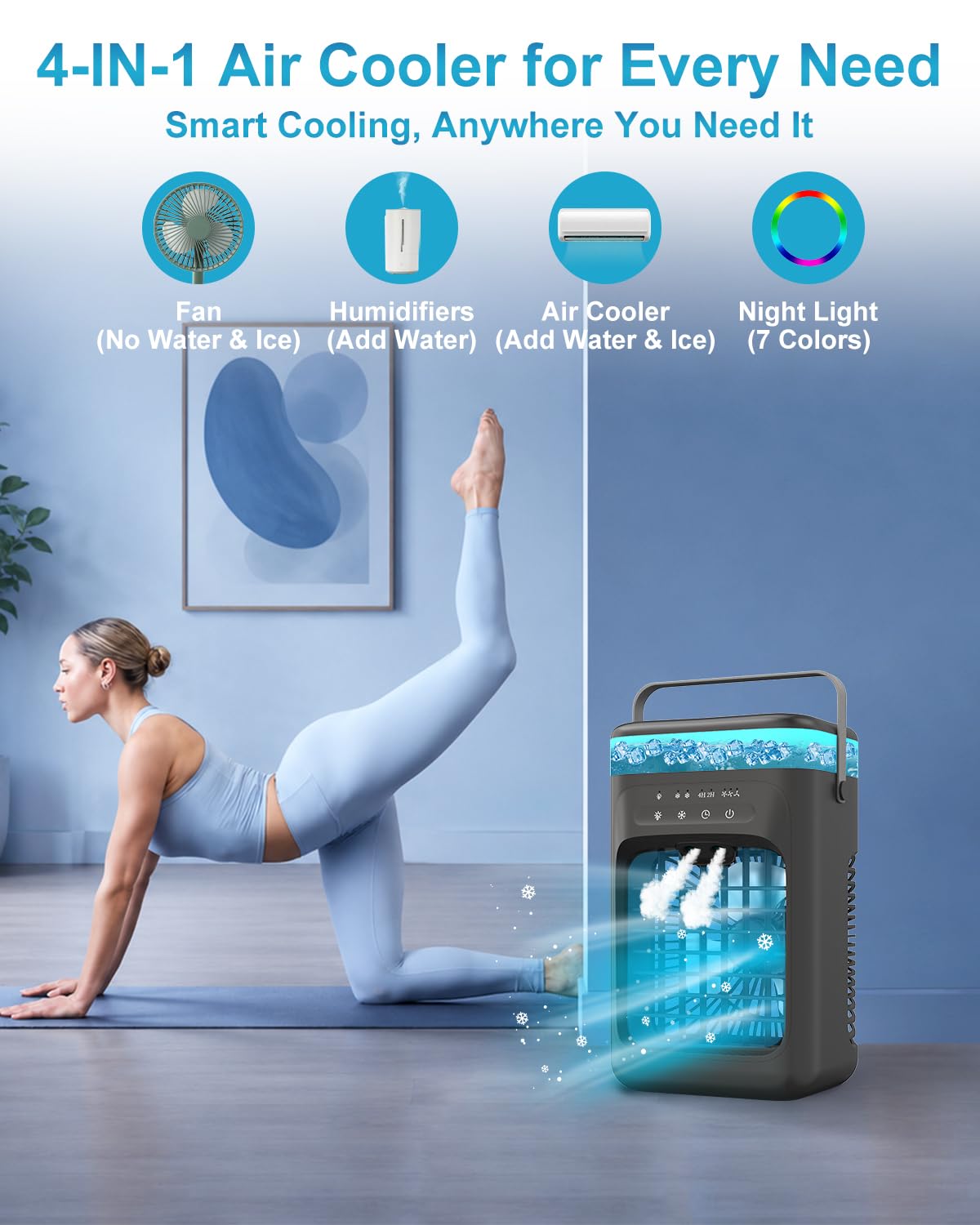 Portable Air Conditioner, 4-in-1 Evaporative Air Cooler, Personal Cooling Fan with 3 Speeds, 2 Mist Modes, 7 LED Night Light, 2-4H Timer