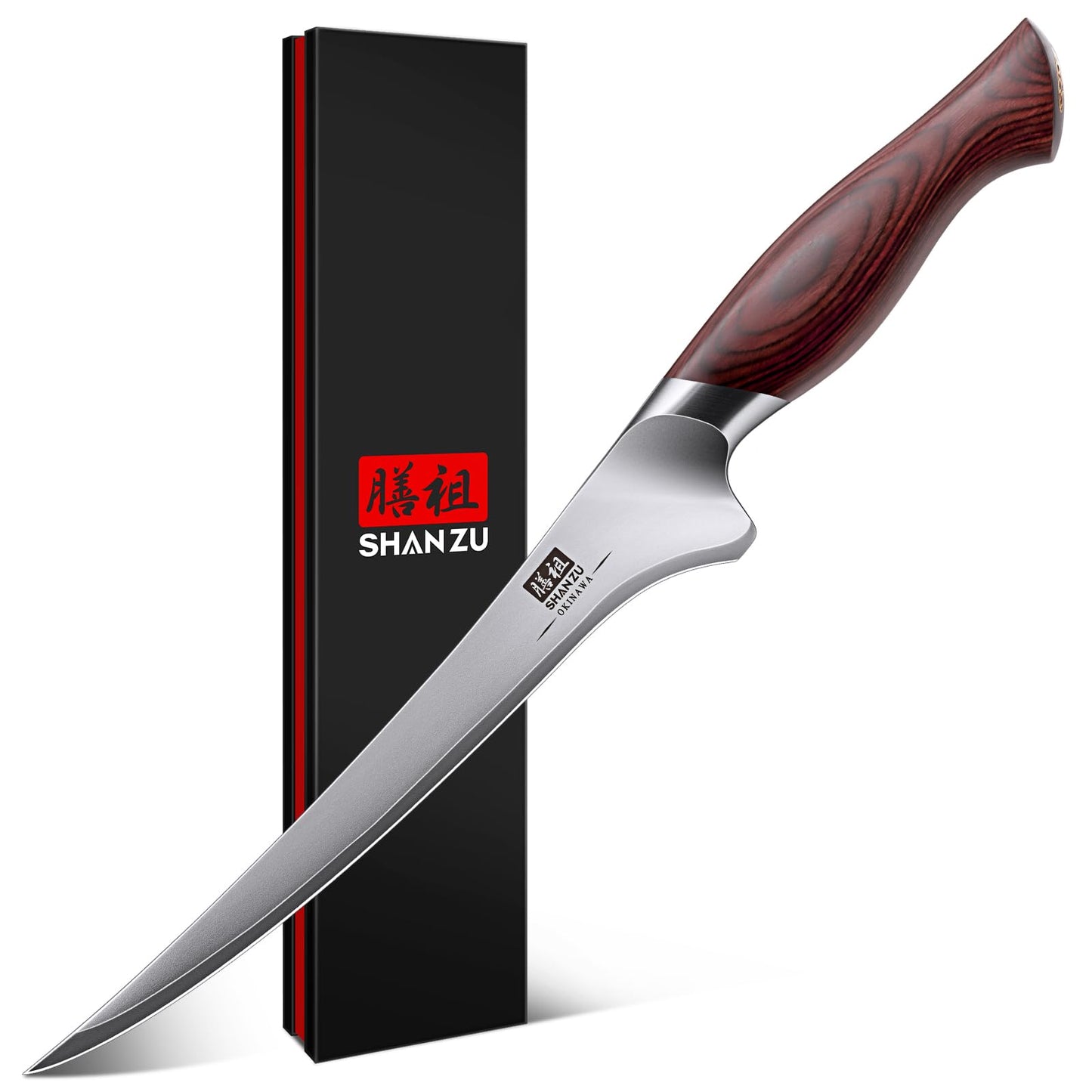 SHAN ZU Fillet Knife 7 inch, Razor Sharp Boning Knife for Meat in 10Cr15Mov Japanese High Carbon Steel Fish Knife, Professional Kitchen with Flexible Blade and Ergonomic Pakkawood Handle