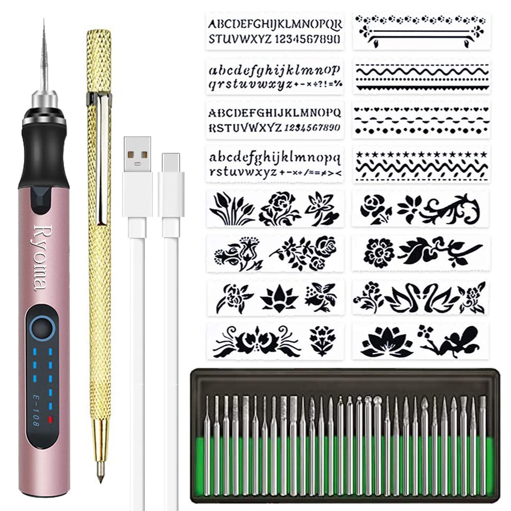 Rechargeable cordless Electric Micro Engraver Pen Mini DIY Engraving Tool Kit for Metal Glass Ceramic Plastic Wood Jewelry with 30 Bits and 16 Stencils and 1 Scriber Pen