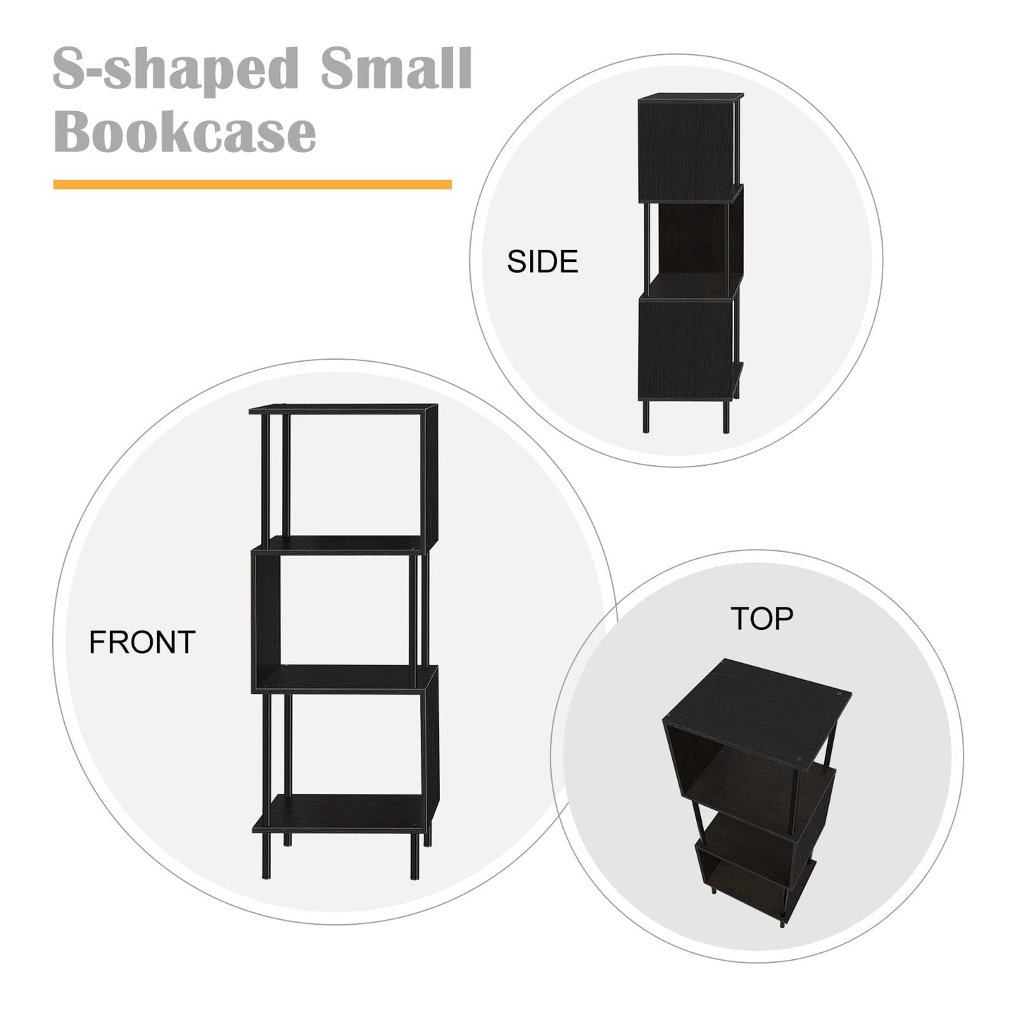4 Tier Bookshelf for Small Spaces Narrow Black Bookcase Organizer S-Shaped Wood Corner Bookshelves for Bedroom, Study Room, Living Room and Home Office