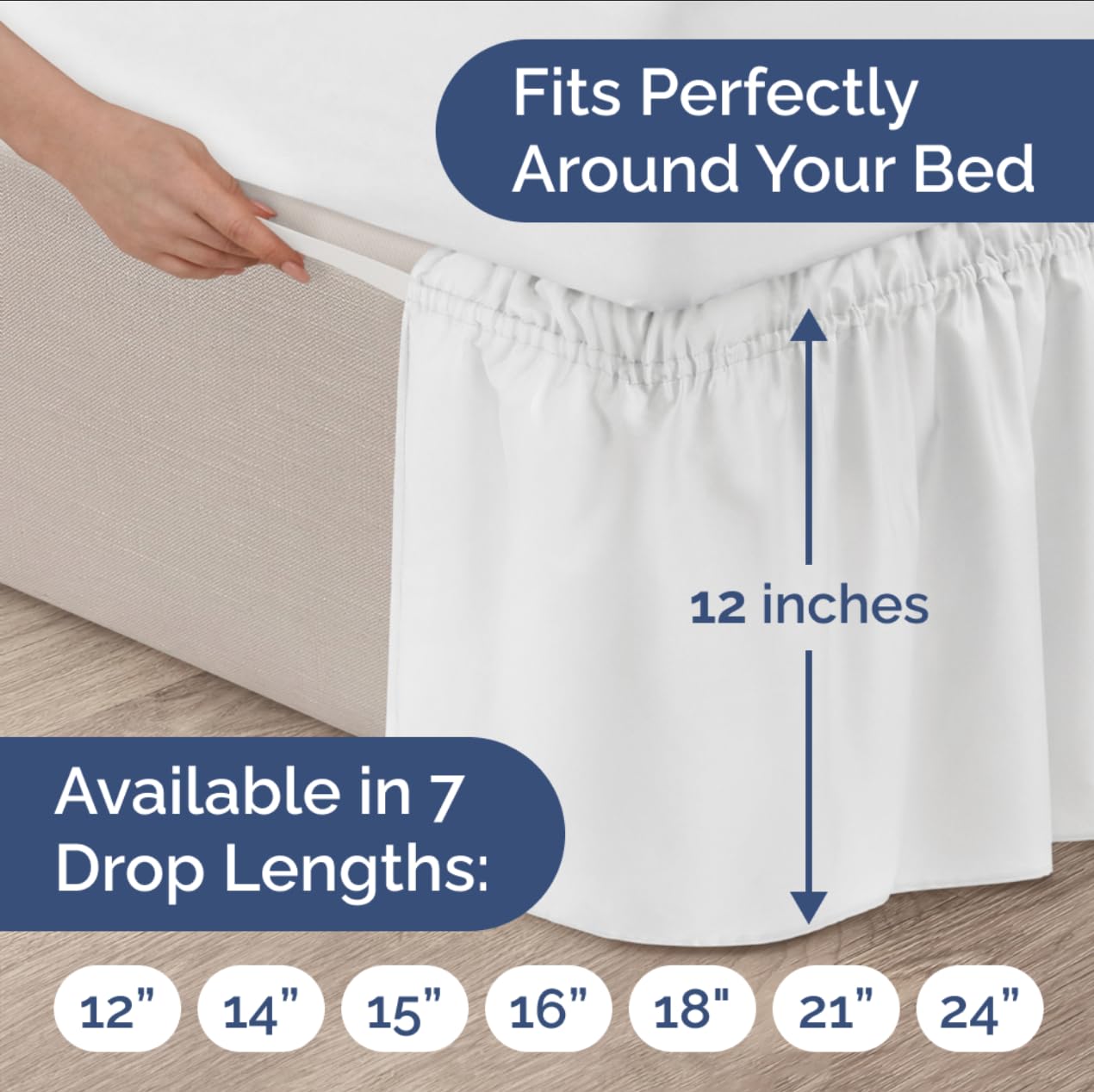Wrap Around Dust Ruffle Bed Skirt - White - for Queen Size Beds with 12 Inch Drop - Easy Fit Elastic Strap - Adjustable Pleated Bedskirt w/Brushed Fabric - Wrinkle Free - for Women, Men, Kids & Teens