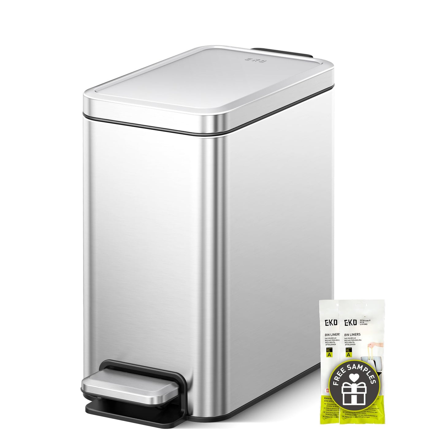 EKO Small Bathroom Trash Can with Lid Soft Close, Step Pedal, 6 Liter / 1.6 Gallon Stainless Steel Garbage Can with Removable Inner Bucket, Anti-Fingerprint Finish (Silver)