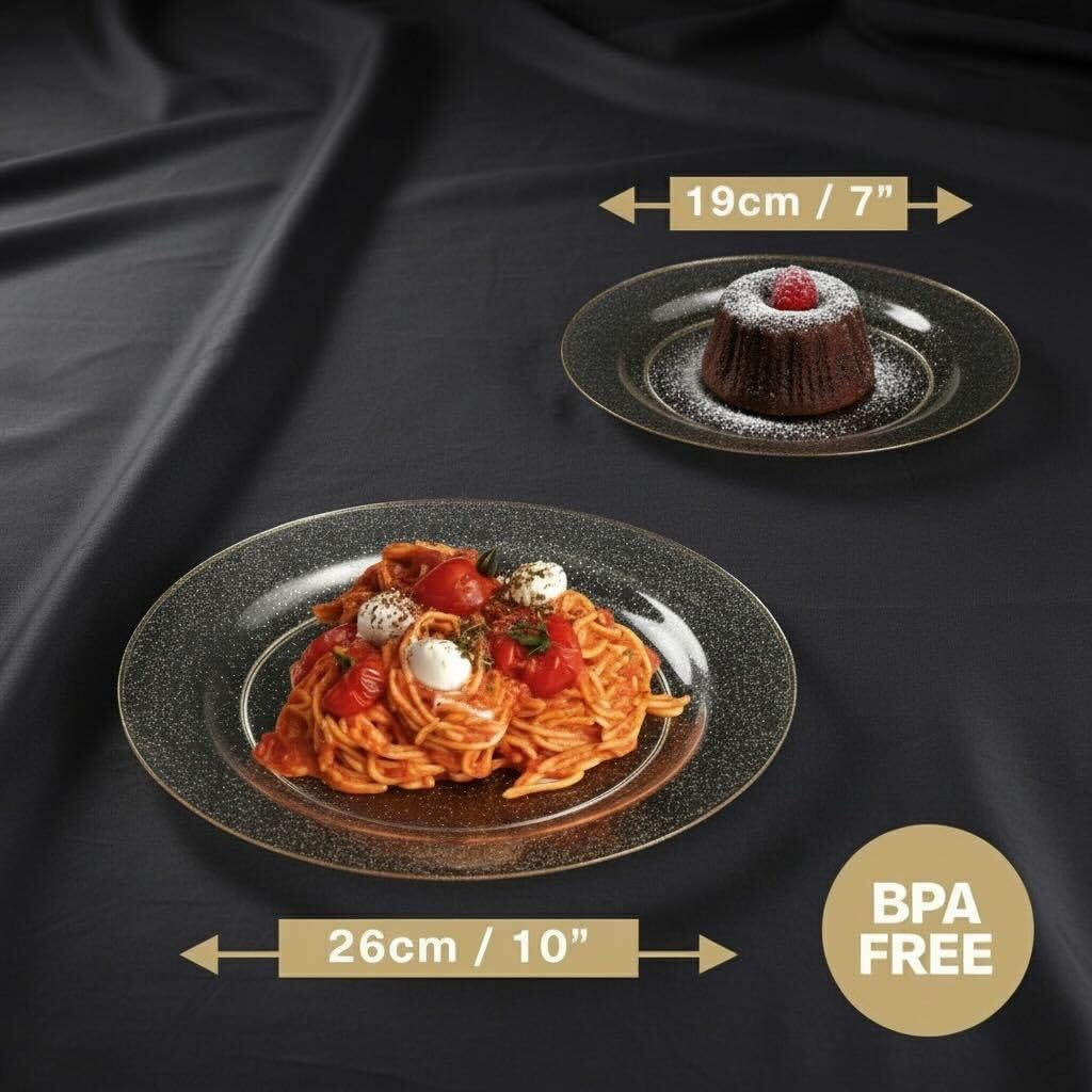 MATANA 120 Pack Elegant Gold Glitter Plastic Plate Set for 60 Guests - 60 Dinner Plates 10.25" and 60 Salad Dessert Appetizer Plates 7.5", Heavy Duty, Premium, Reusable for Wedding Party, Events