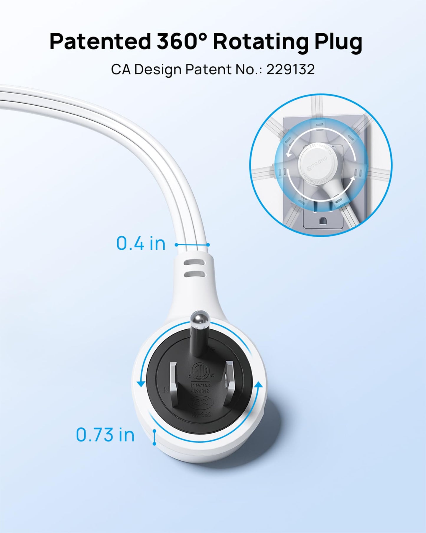 TROND 15ft Long Extension Cord Indoor, 360° Rotating Flat Plug Power Bar, 3 Way Outlets Extender, 13 Amps, 1625W, Small Flexible SPT 16/3 Cable Splitter for Hotel Cruise Ship Travel Essentials