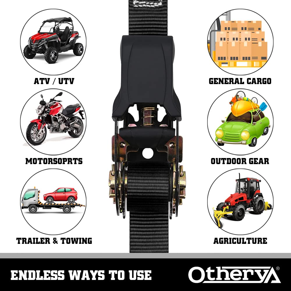 Otherya Ratchet Straps Tie Downs - 4 Pk-15 Ft 1760 Lb Break Strength - Motorcycle Straps Tie Downs, Kayak, Truck, Trailer and Boat Lawn Equipment- Includes 4 Soft Loops （Black）