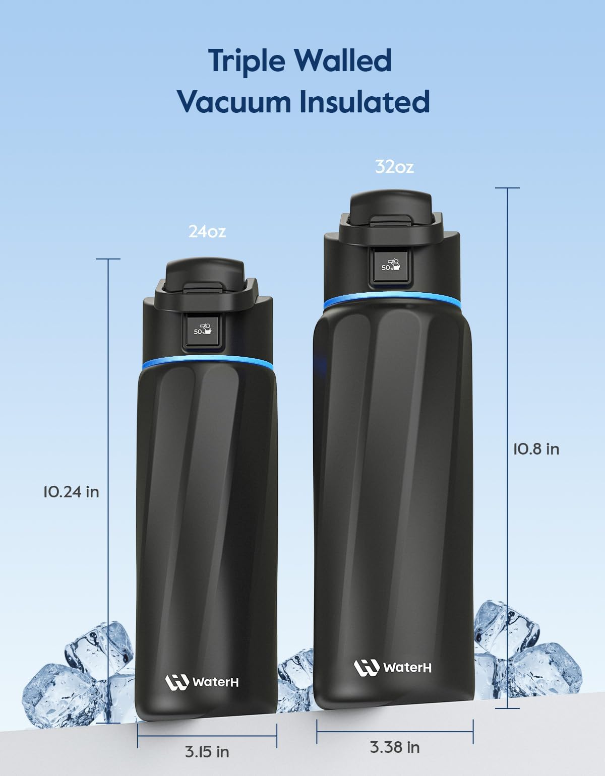 WATERH Boost Smart Water Bottle that Reminds You to Drink, BPA-Free Stainless Steel Vacuum Insulated Bottle, Wide Mouth Water Tracker Bottle with APP, Ideal for Father's Day, Black, 24 Ounces