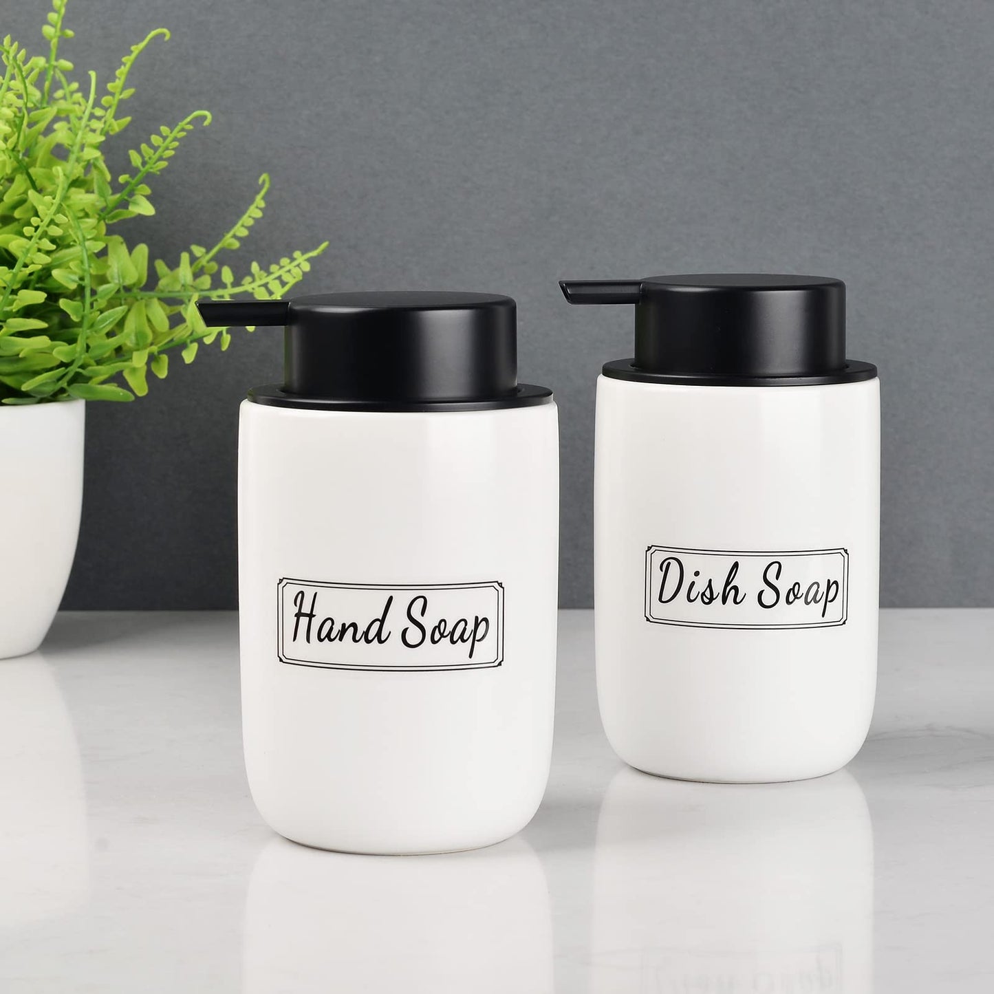 BosilunLife Soap Dispenser Set - Ceramic Hand Soap Dispenser 12oz Set with Rust Proof Pump, 4Pcs Clear Stickers for Kitchen, Bathroom - 2 Pack