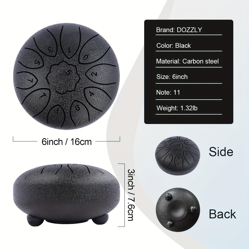 Dozzly 6 Inch 11 Notes Steel Tongue Drum, Engraved Note Rain Drum, Pre-Tuned Handpan Drum with Mallets, Music Score & Storage Bag, Percussion Instrument for Relaxation, Camping & Gift (Black)
