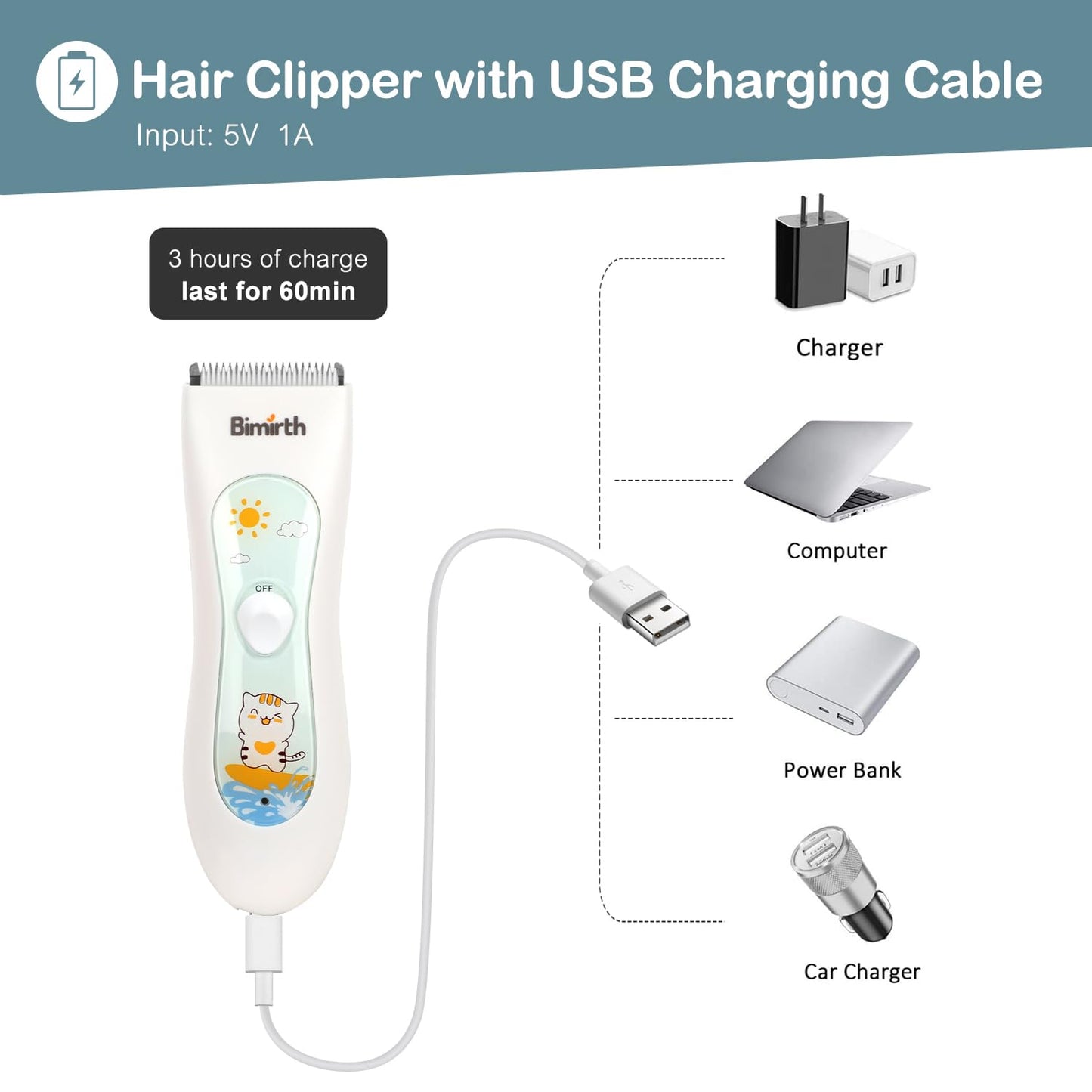 Bimirth Baby Hair Clipper - Hair Trimmer for Kids and Toddlers - Waterproof, Rechargeable, Cordless Hair Cutting Machine for Children (with Bag)