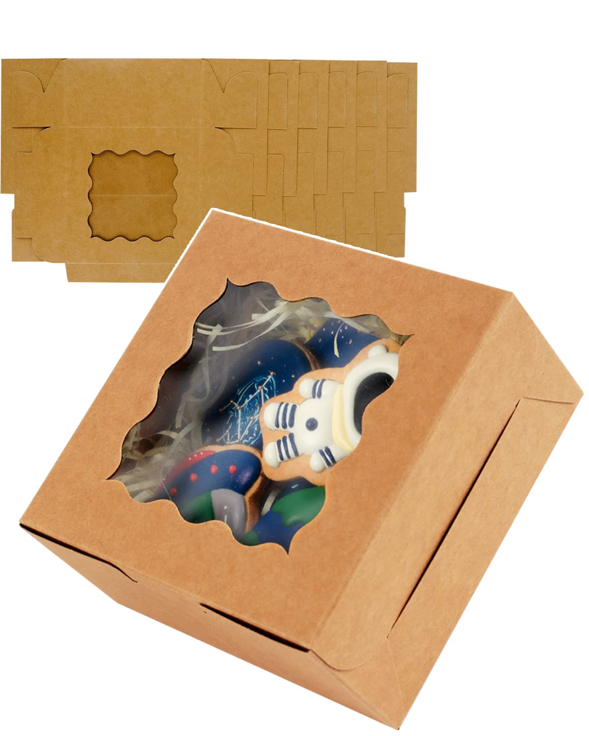 100Packs Bakery Boxes with Window 6x6x3 inches Kraft Cookie Boxes Macaroon Boxes Thick & Sturdy Treat Boxes for Macarons
