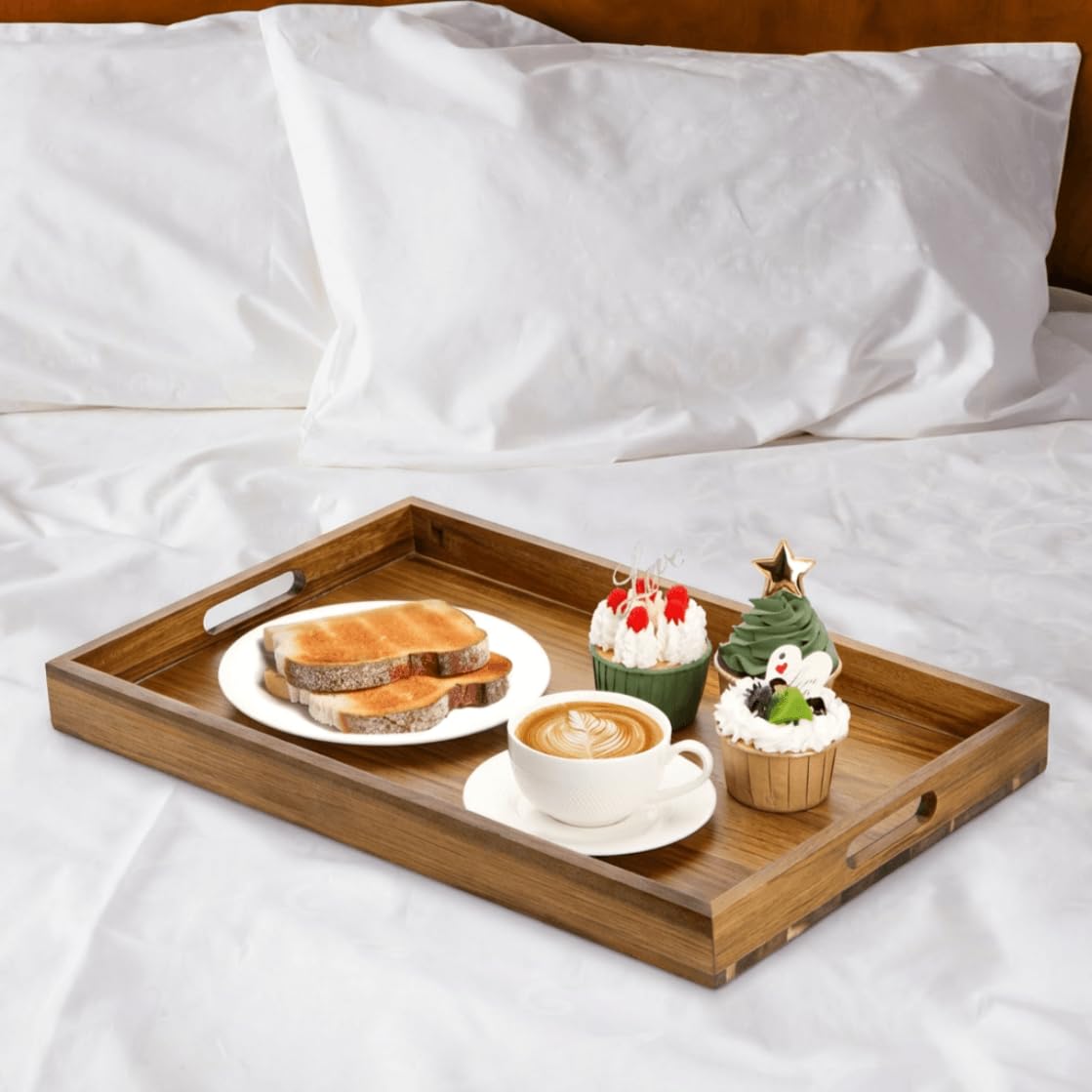 YOUEON 2 Pack 44x30cm Acacia Wood Serving Tray with Handles, Large Wooden Tray for Ottoman, Breakfast in Bed, Dinner, Coffee Table, Perfect for Living Room, Bedroom