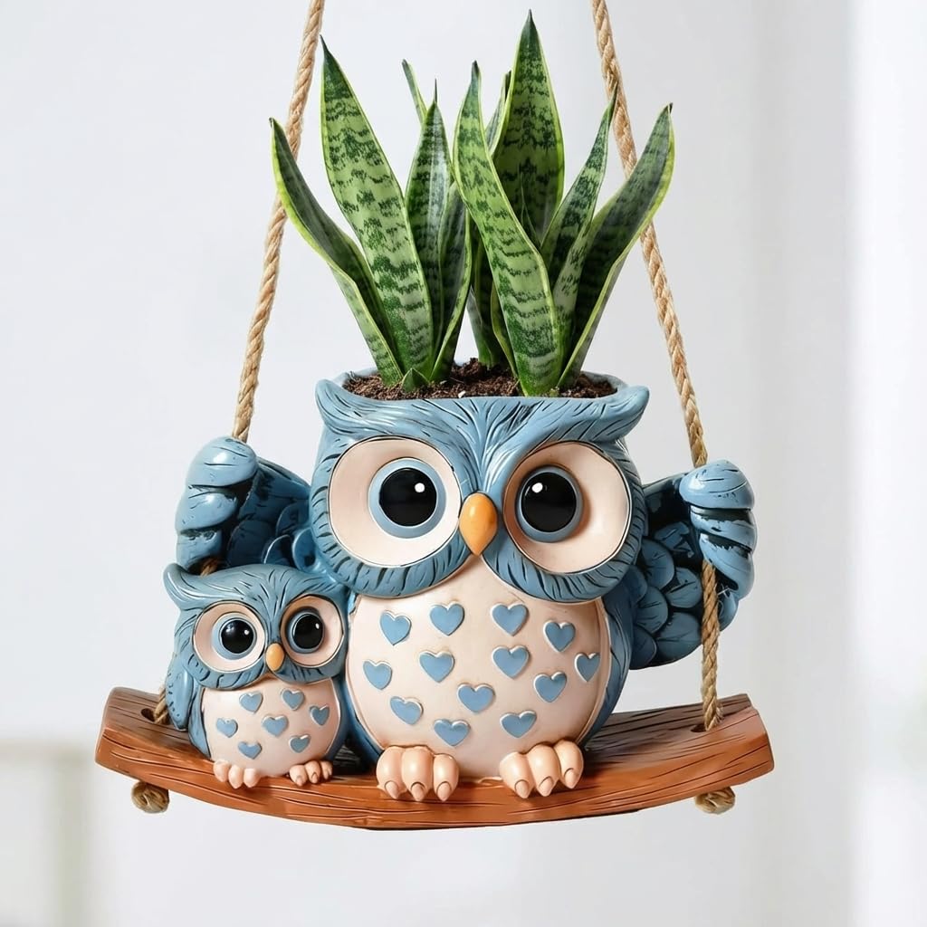 Swing Owl Hanging Planters for Indoor Plants, No-Drill Cute Resin Succulent Pots with Drainage Hole & Plug, Hanging Plant Holder for String of Pearls, Unique Gardening Gifts for Mom & Women