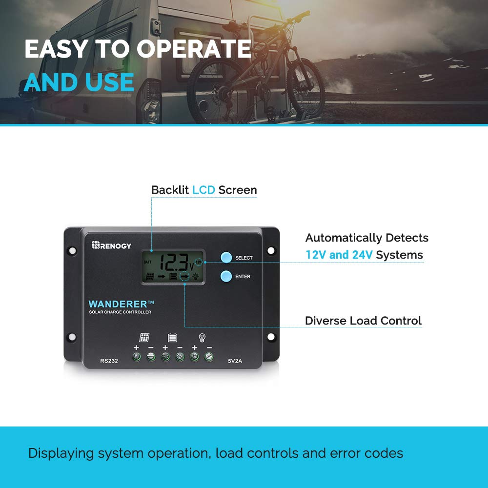 Renogy Wanderer 10 Amp 12V/24V PWM Negative Ground Solar Charge Controller Regulator