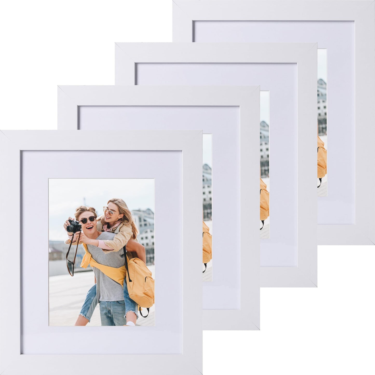 Iadefan 8x10 Picture Frame Set of 4, White 8 by 10 Photo Frames with 5x7 Mat, Tabletop or Wall Hanging Decor.