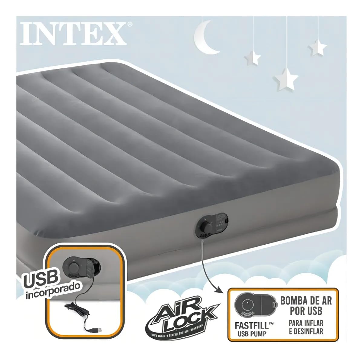 INTEX 64114E Dura-Beam Standard Prestige Air Mattress: Fiber-Tech – Queen Size – Built-in USB Electric Pump – 12in Bed Height – 600lb Weight Capacity