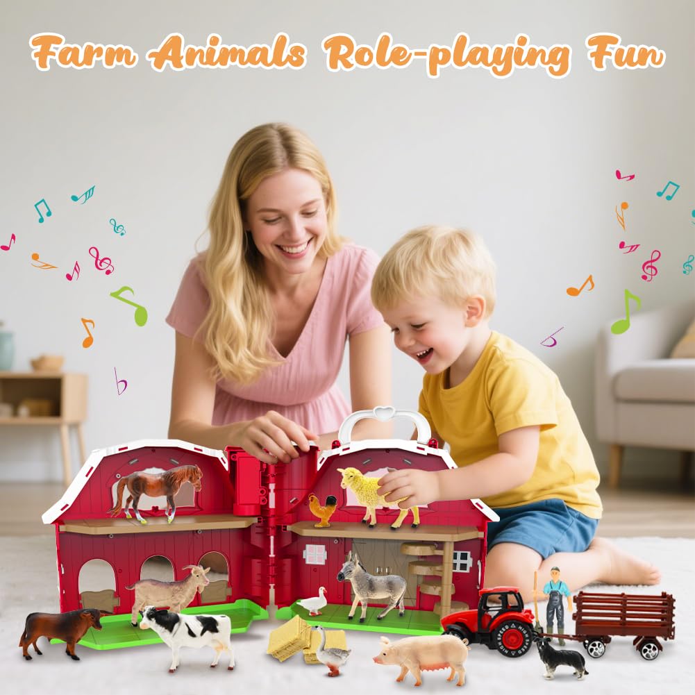 Red Barn Toys for Toddlers 1-3, Farm Animal Figures Playset with Tractor for 2 3 4 5 Year Old Kids, Musical Preschool Montessori STEM Learning Toys, Christmas Birthday Easter Gift for Boys Girls