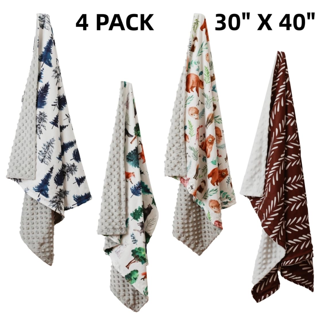 4 Pack Woodland Baby Blankets with Double Layer and Dotted Backing for Girls or Boys Breathable Soft Neutral Unisex Nursery Blankets with Animals Printed for Newborn Toddlers (Woodland)