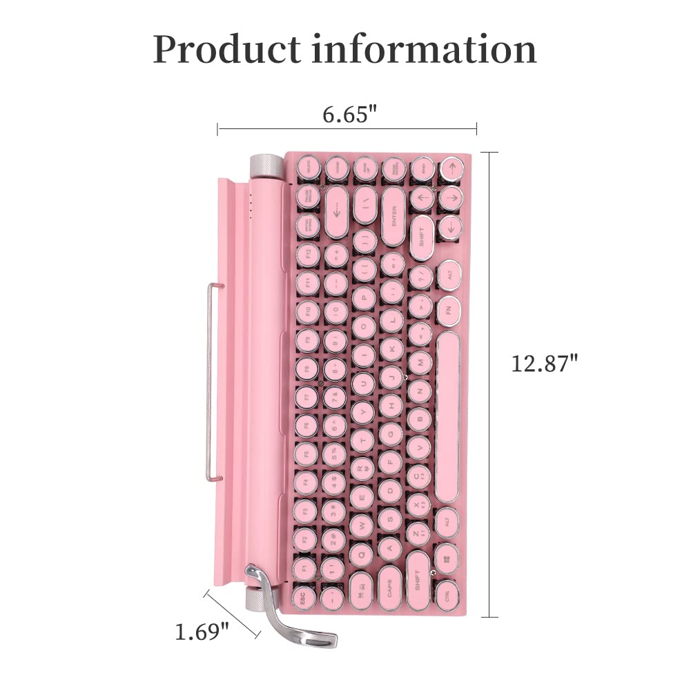 Typewriter Keyboard,Round Keycaps/White Backlit/Compact 75% Layout Keyboard for Windows/Mac/PC/Laptop (Pink)