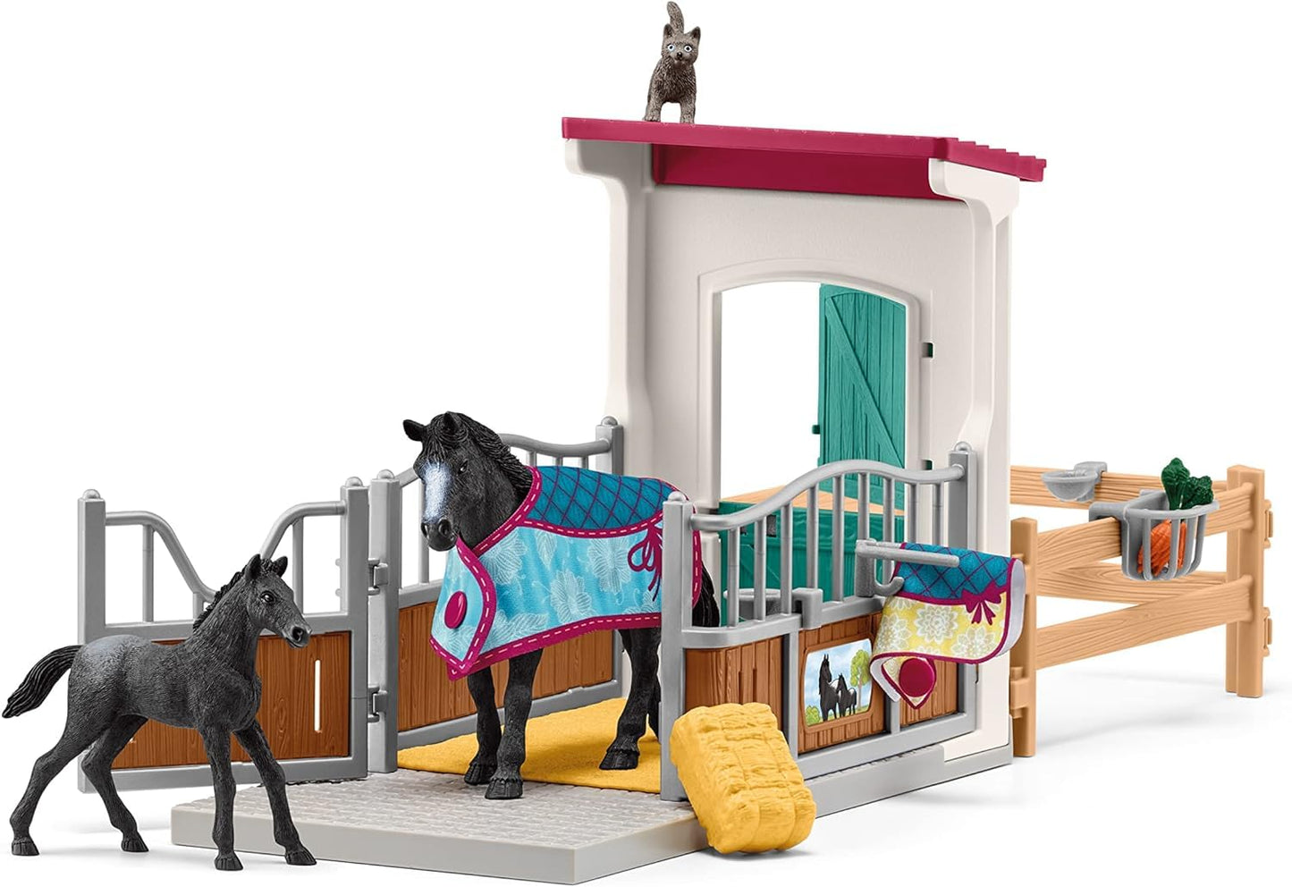 Schleich Horse Club - 34PC Stall Extension Horse Toy Playset with Mare and Foal Figure, Cat Figurine, and Accessories - Stable Set for Girls and Boys - Interactive, Realistic Kids Toys Ages 5+ - 42611