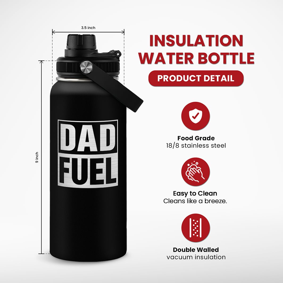 SANDJEST Water Bottle 32oz - Dad Fuel Stainless Steel Insulated Sports Bottle With Lid, Gifts for Father From Daughter Son, Birthday Christmas Fathers Day